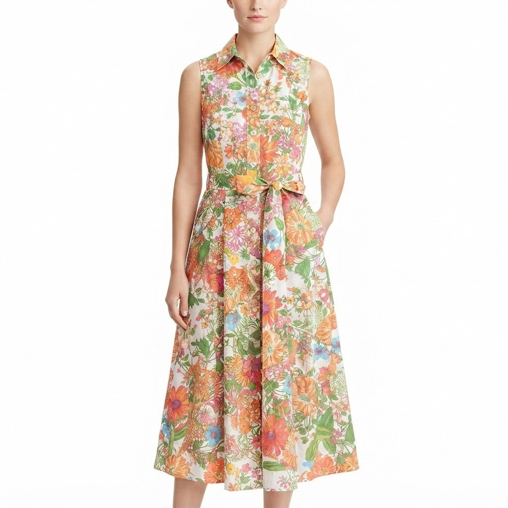 Chetta B Dress Womens 4 Floral Sleeveless Shirt Midi Belted Pockets Orange Pink